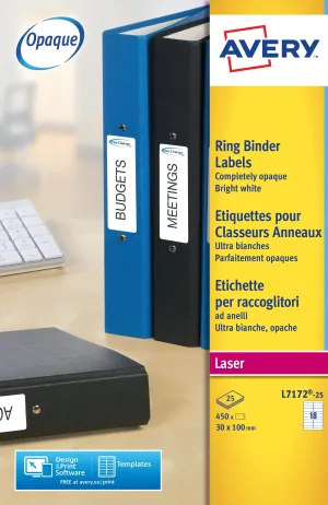 Avery Laser Filing Label Ring Binder 100x30mm 18 Per A4 Sheet White (Pack 450 Labels) L7172-25