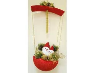 Two snowmen in red basket with gold beads